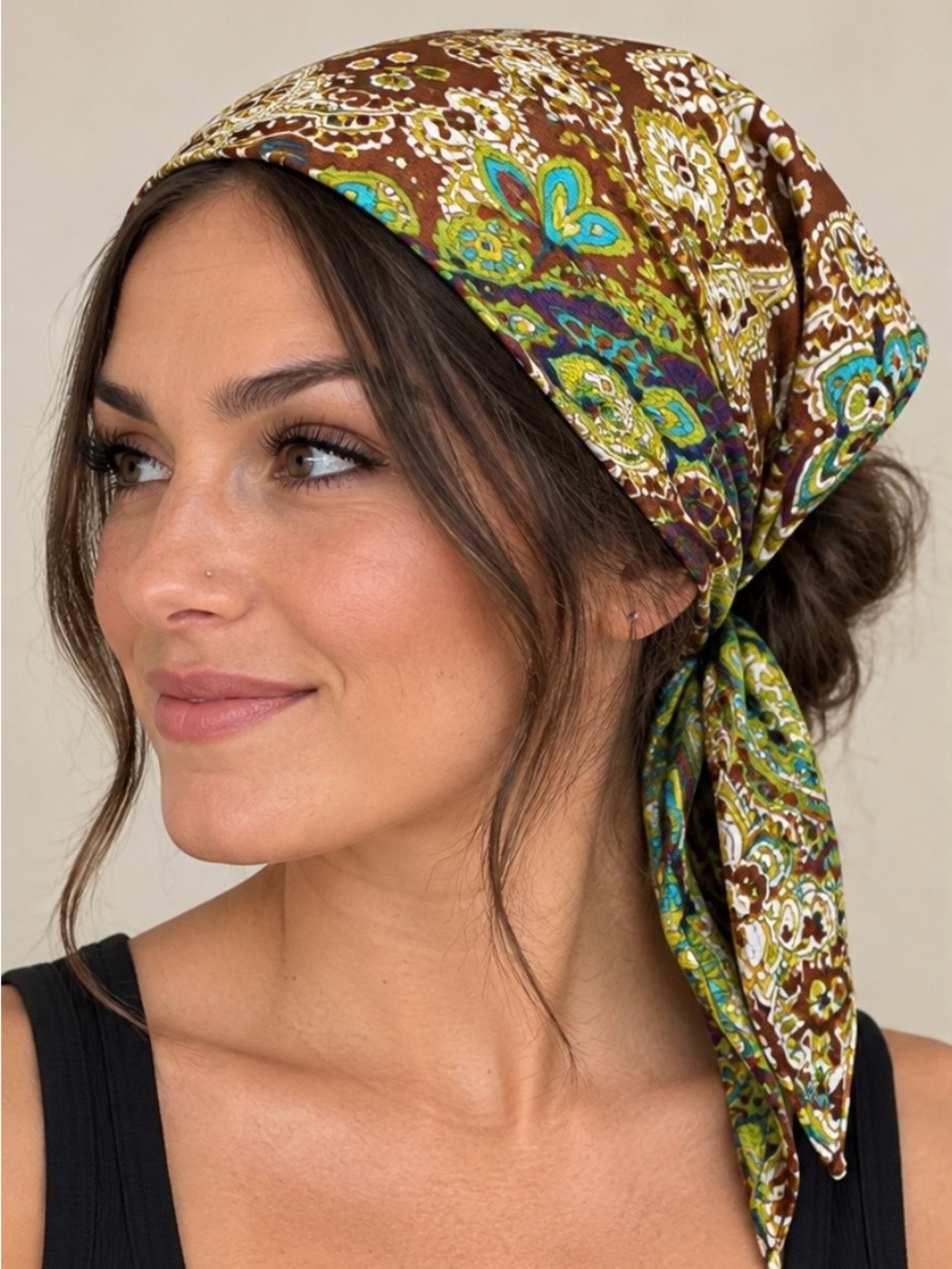 Retro 70s Earthy Brown Paisley & Vibrant Teal Floral Dual-Pattern Hair Scarf